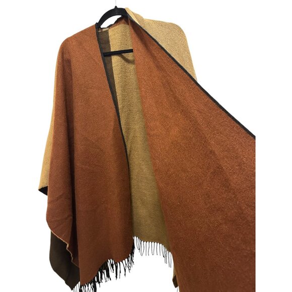 Colorblock Fringe Trim Poncho Wrap In Brown & Tan - One Size - Picture 2 of 4
